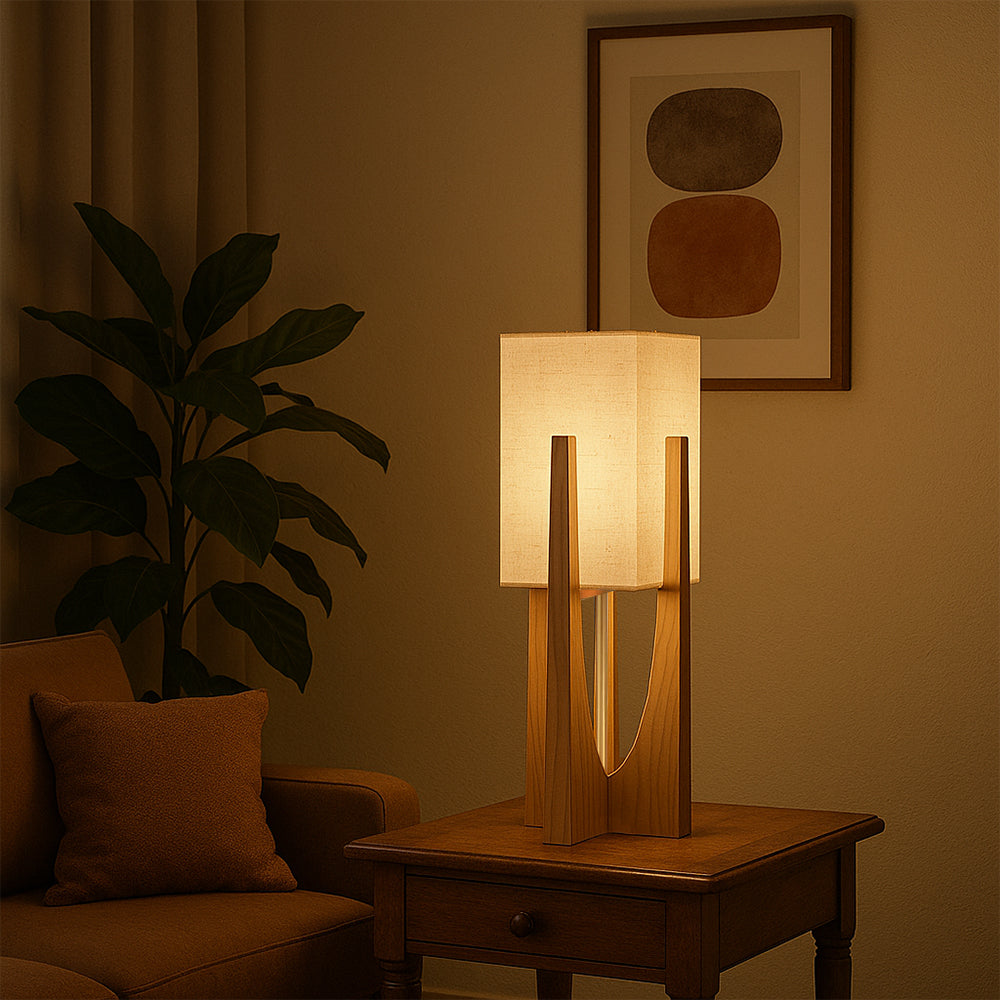 Wooden Floor Lamp with Fabric Shade and LED Bulb