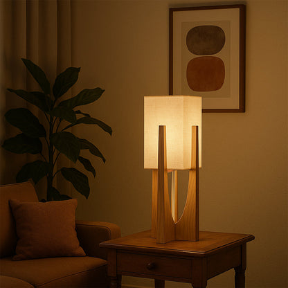 Wooden Floor Lamp with Fabric Shade and LED Bulb