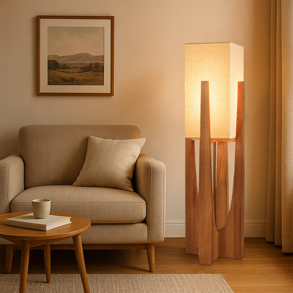 Wooden Floor Lamp with Fabric Shade and LED Bulb