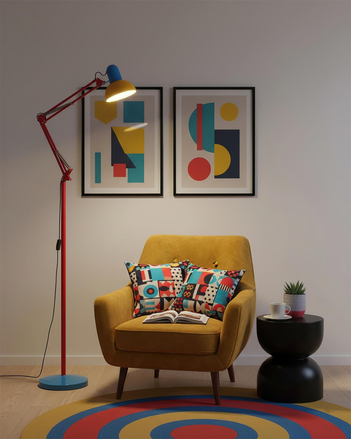 Colourful floor lamp in a reading corner with framed prints