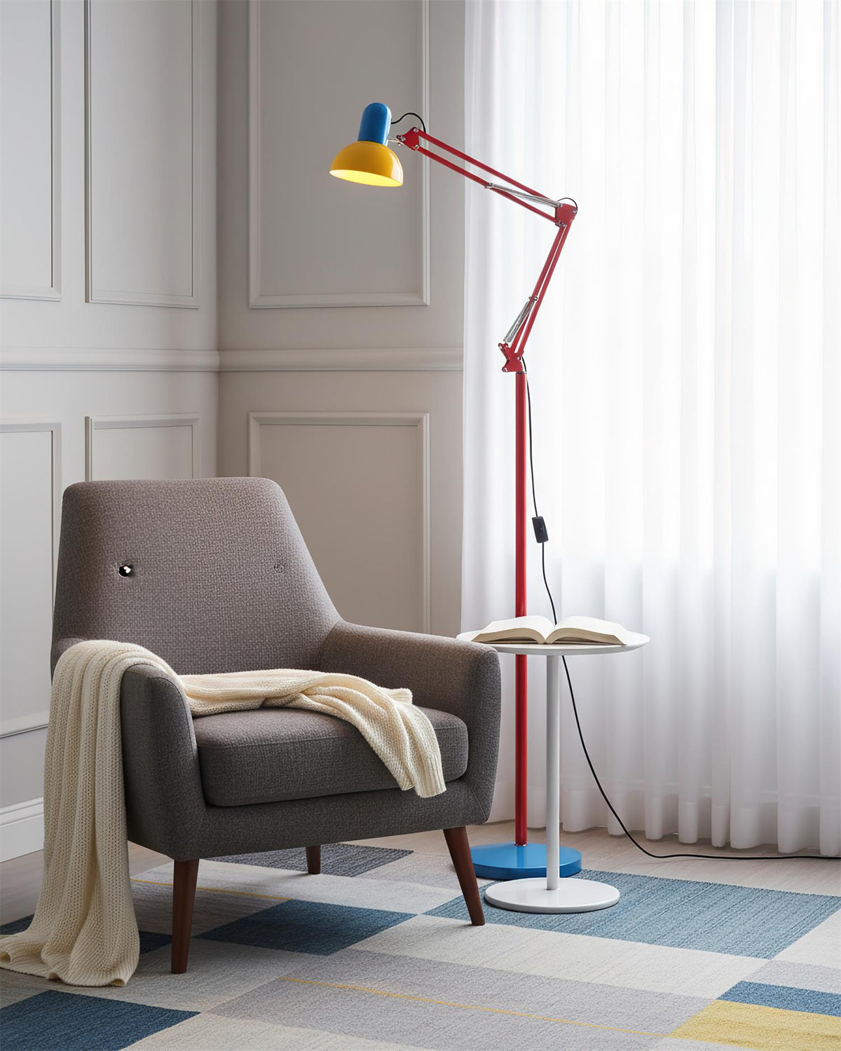 Adjustable floor lamp beside a grey armchair