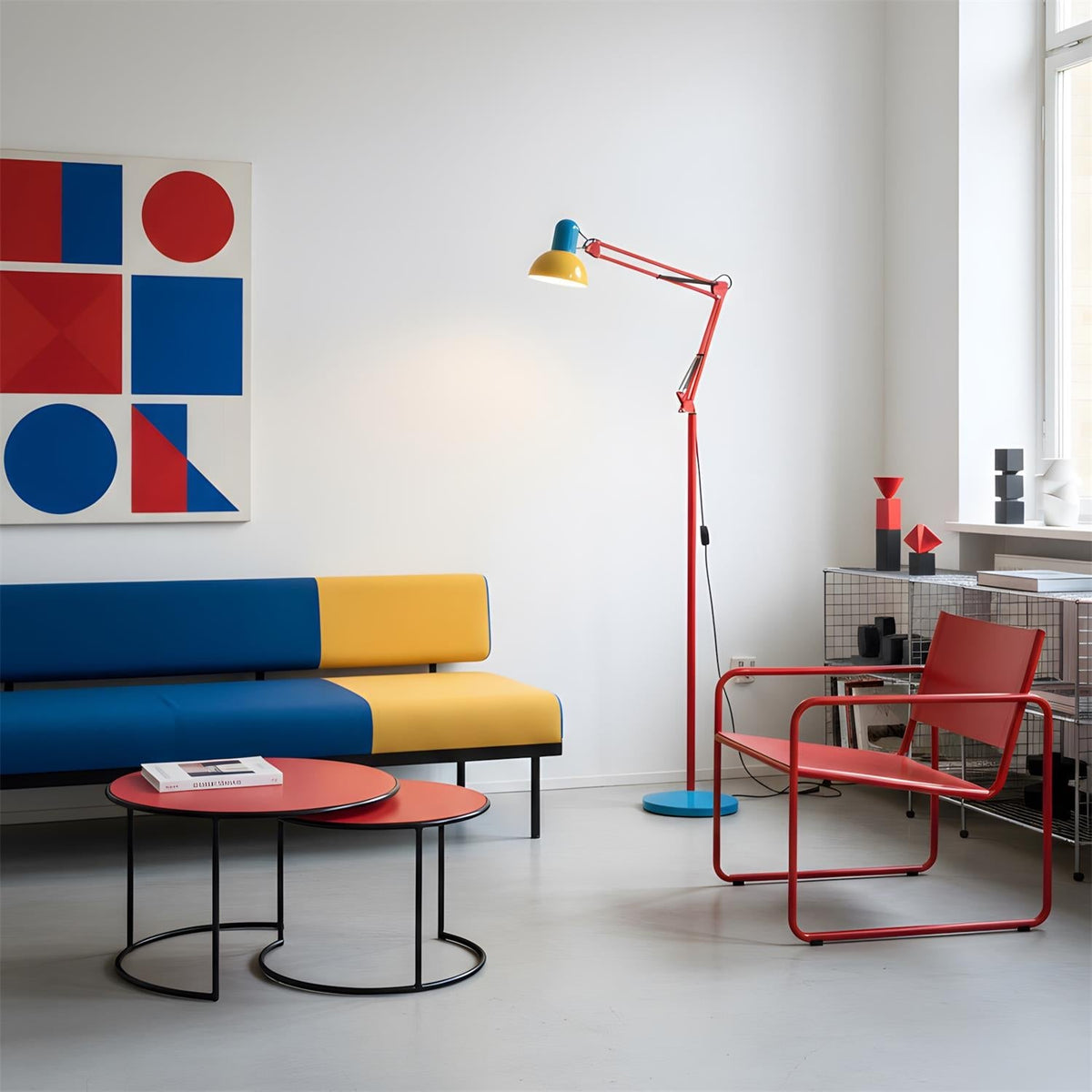 Red articulated floor lamp beside colourful seating