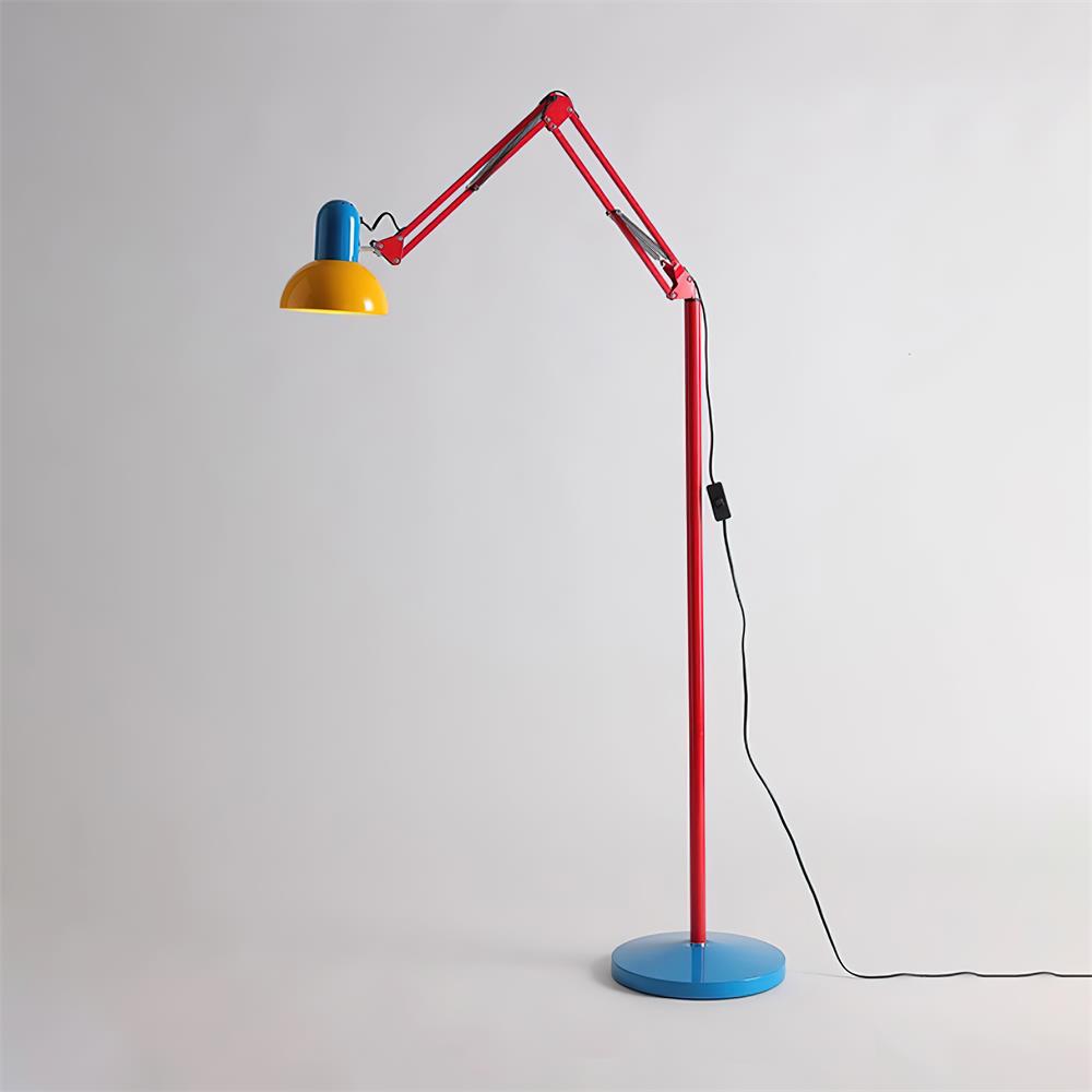 Side view of the red articulated arm and blue floor lamp base