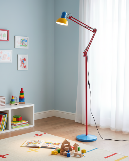 Colourful adjustable floor lamp in a bright room