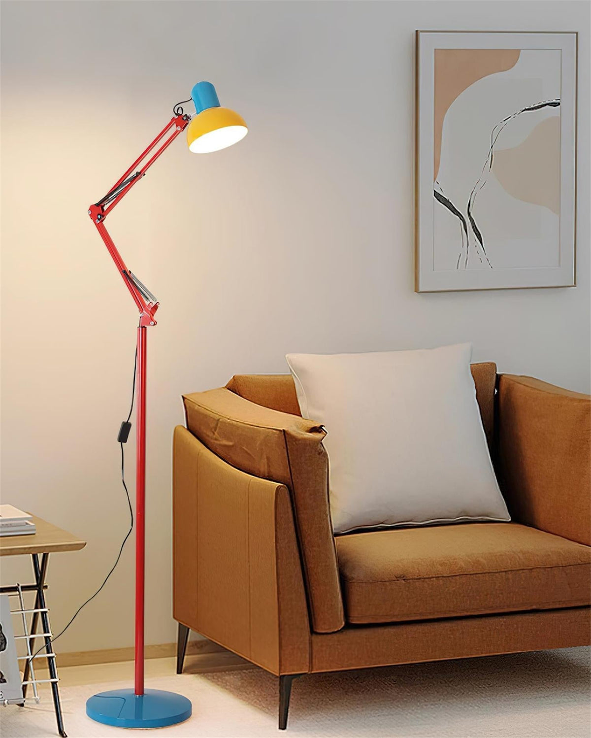 Memphis-style floor lamp lighting a reading chair