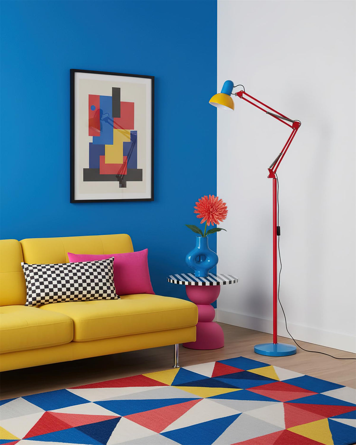 Blue, red and yellow floor lamp in a bold living room