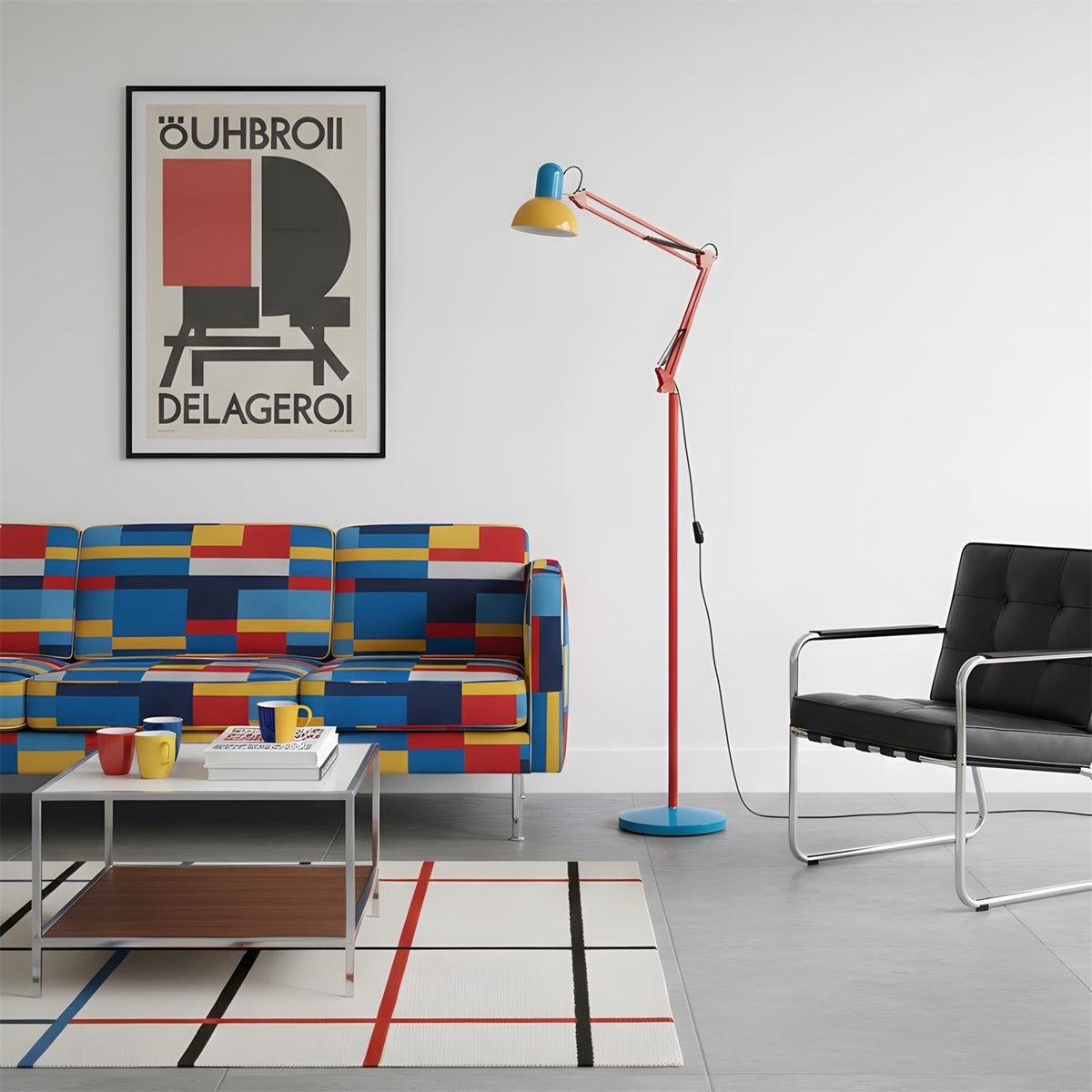 Adjustable floor lamp beside a blue sofa and red chair