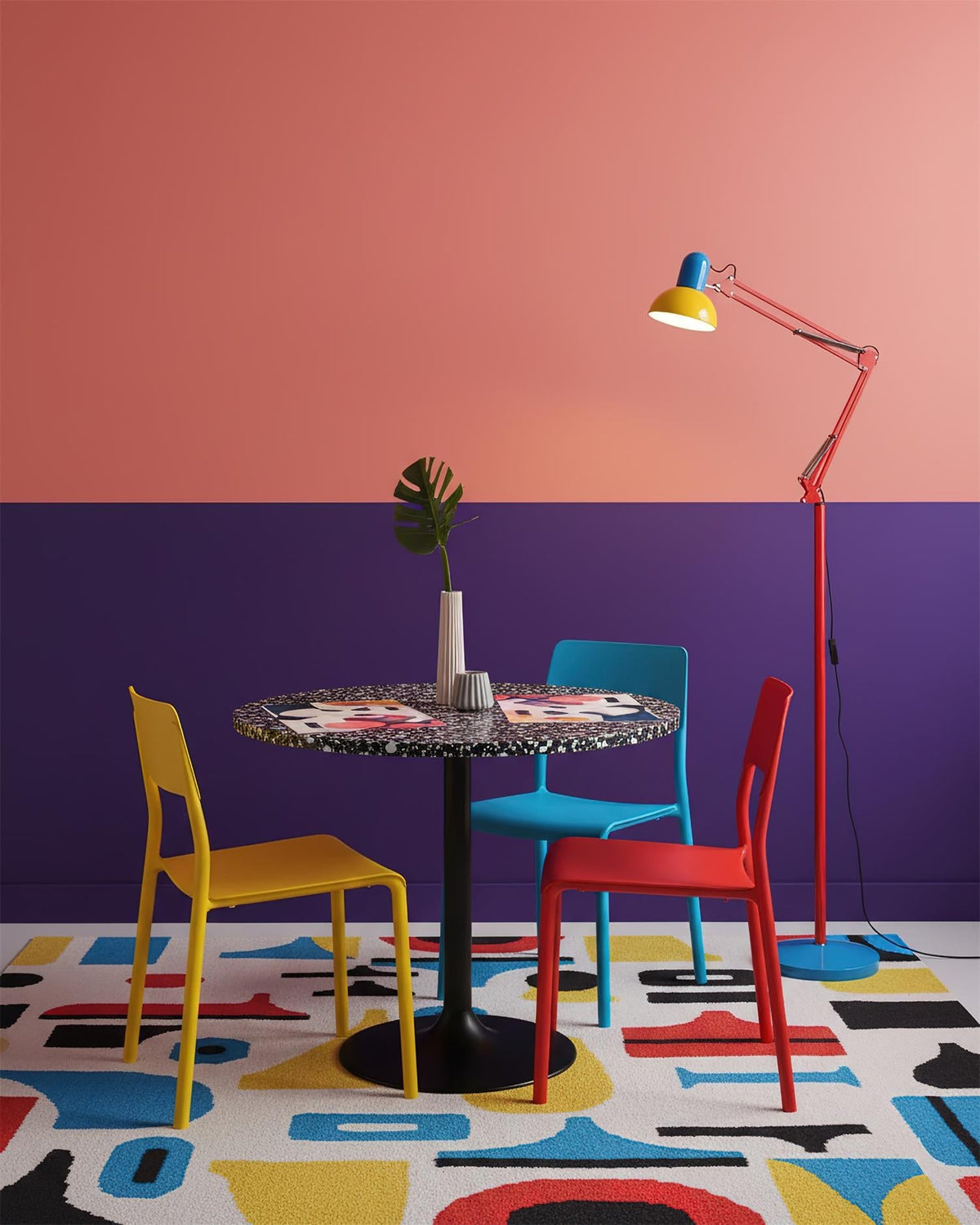 Colourful floor lamp beside a dining table