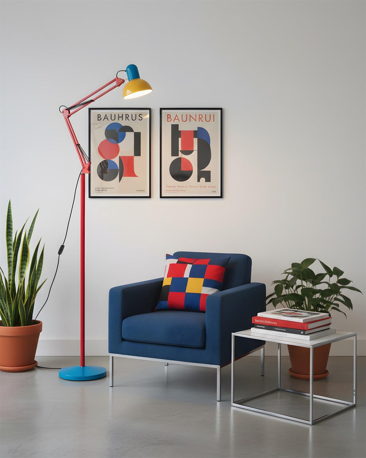 Memphis-style floor lamp beside a blue armchair