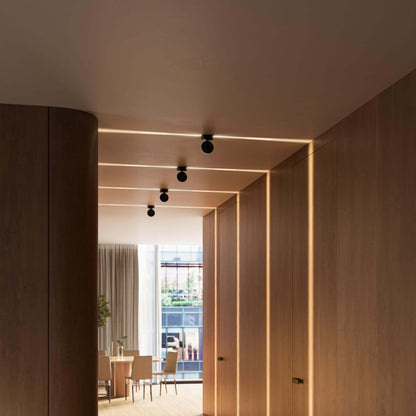 Black rotating-disc ceiling spotlights along a hallway