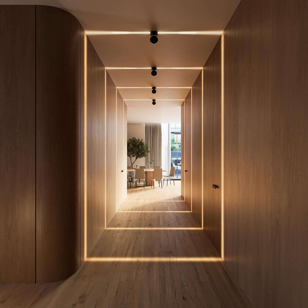 Black LED ceiling spotlights in a bright hallway