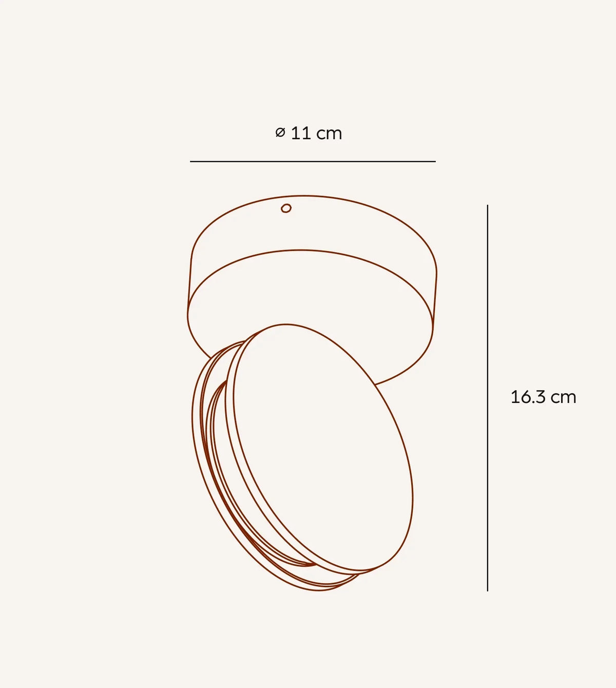 Adjustable ceiling spotlight dimensions, 11 cm diameter and 16.3 cm height