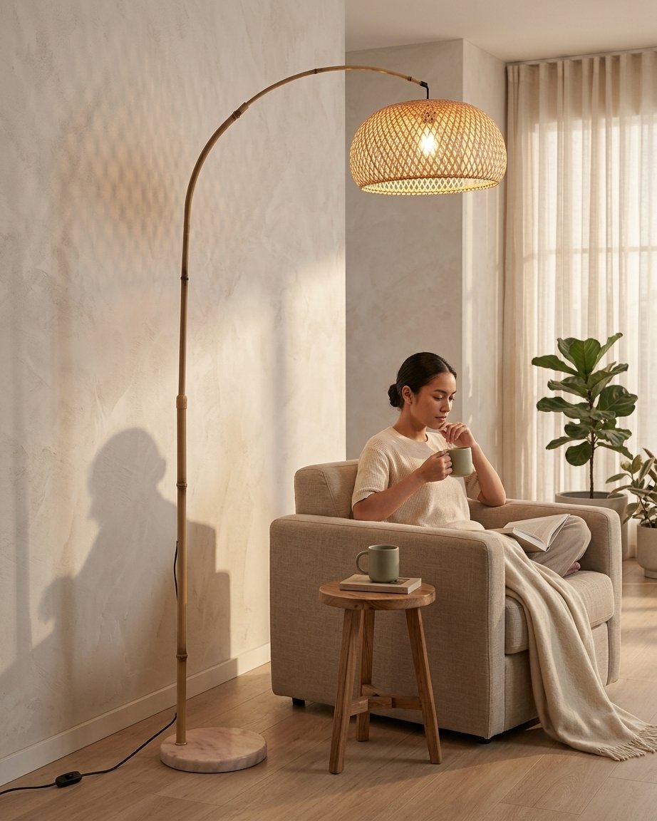 Adjustable Rattan Arc Floor Lamp