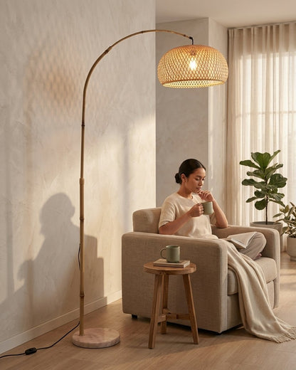 Adjustable Rattan Arc Floor Lamp