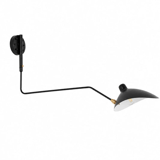 A modern black adjustable swing-arm wall lamp featuring a curved shade and brass accents, ideal as a reading light or stylish wall sconce.