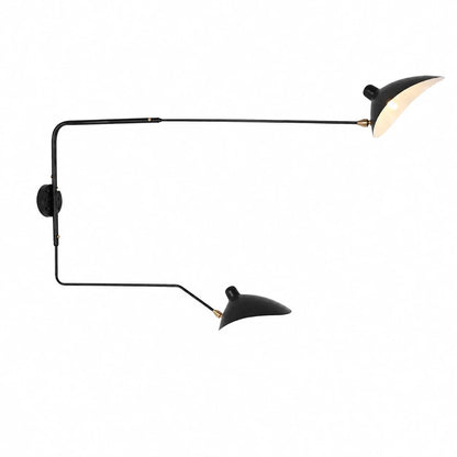 A black double-head adjustable swing-arm wall lamp with brass details, featuring two curved shades on long, slender arms.