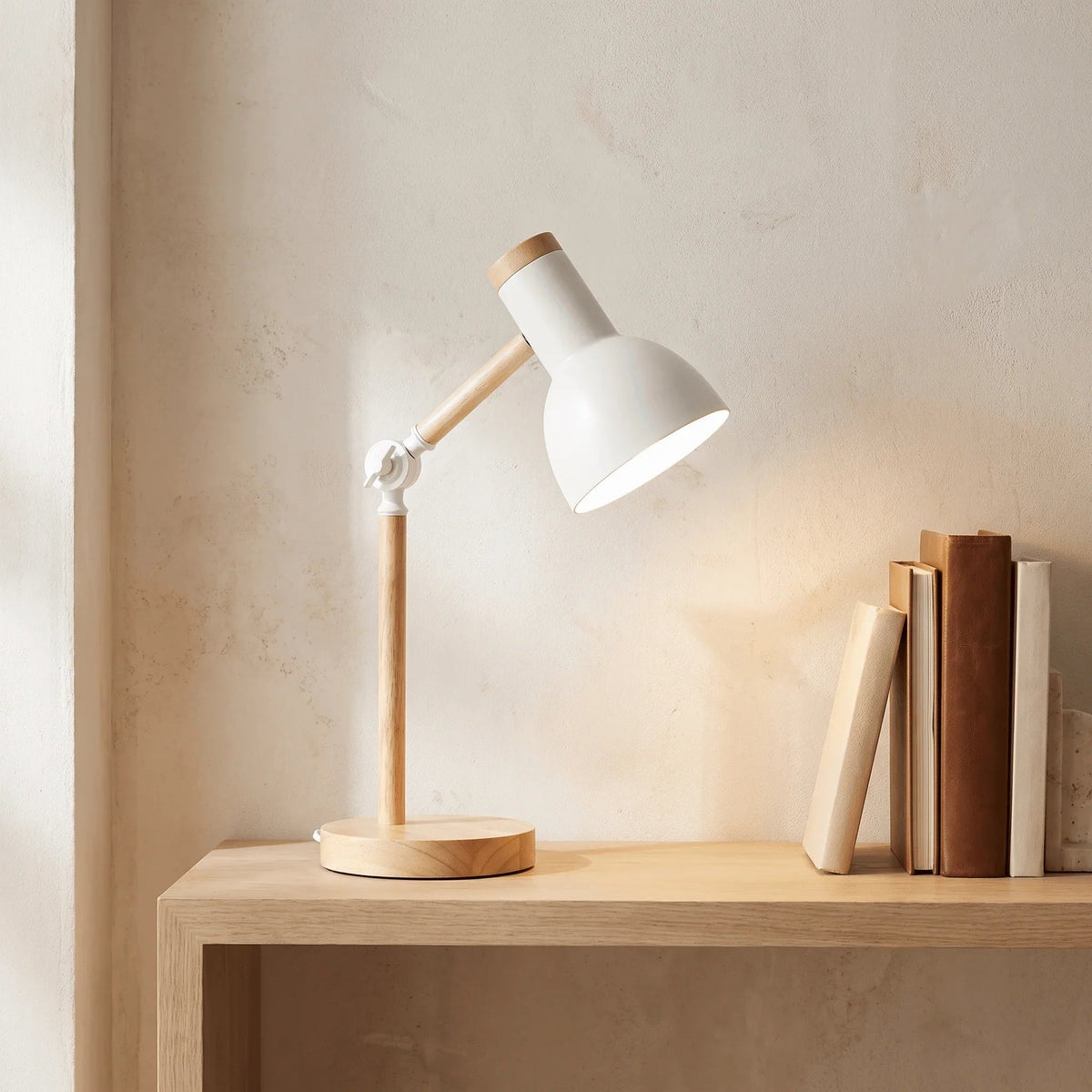 White adjustable desk lamp with wood arm and base