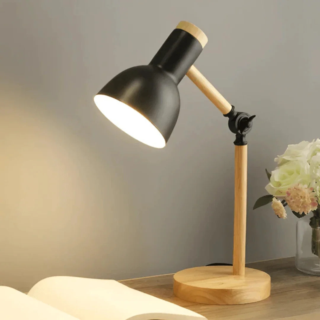 Black adjustable lamp with wood base