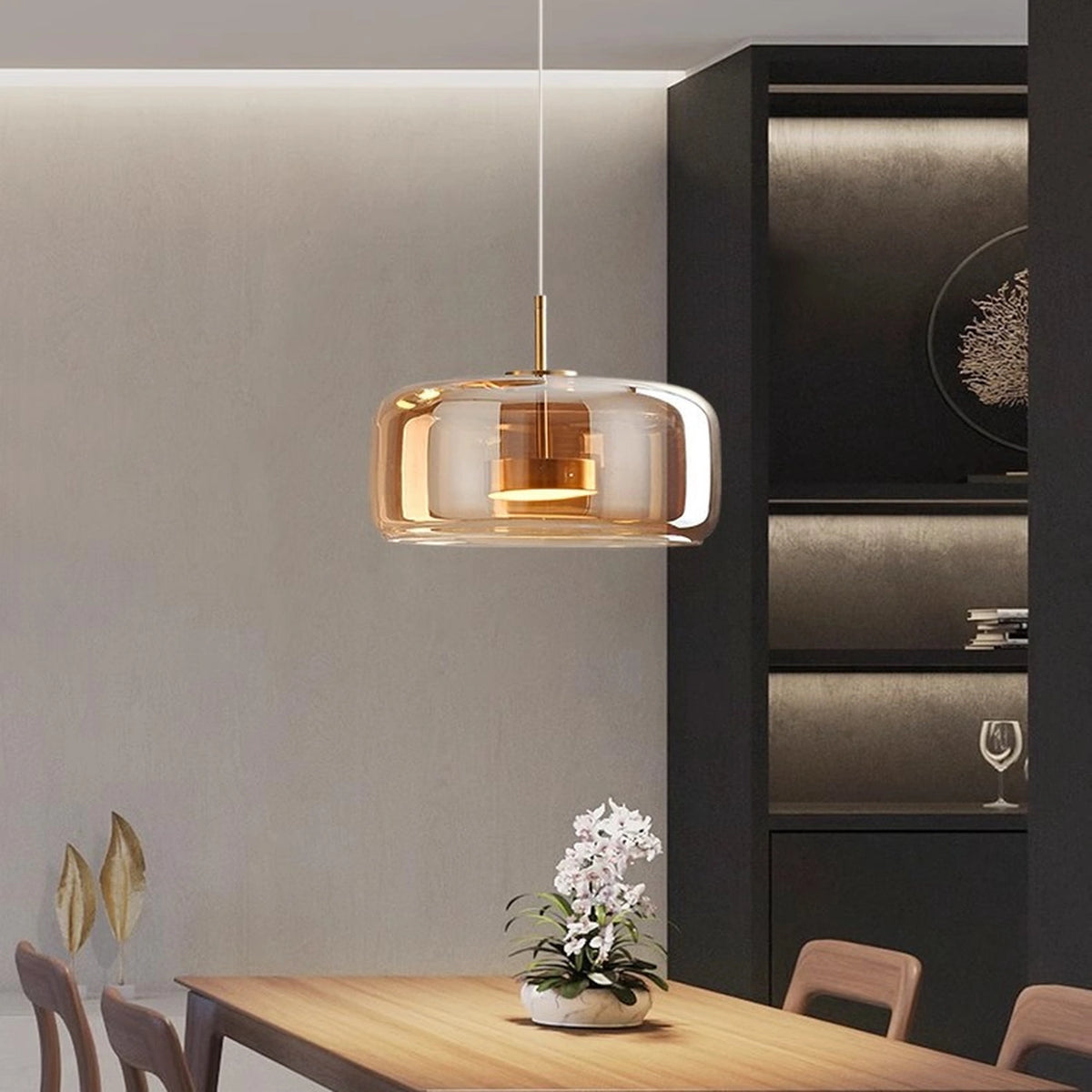 35 cm amber glass dome pendant light over a dining table