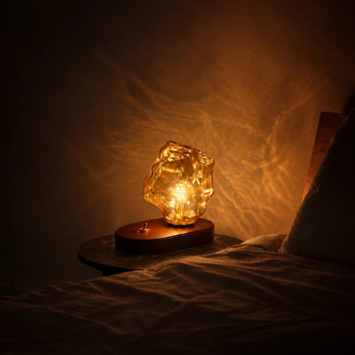 Amber Glass Table Lamp with Oak Base