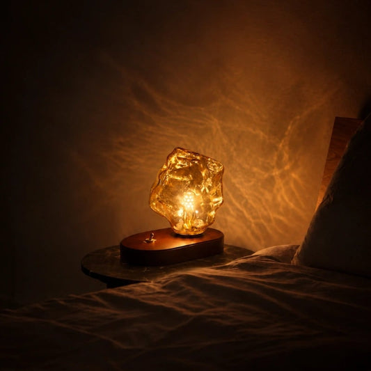 Amber Glass Table Lamp with Oak Base
