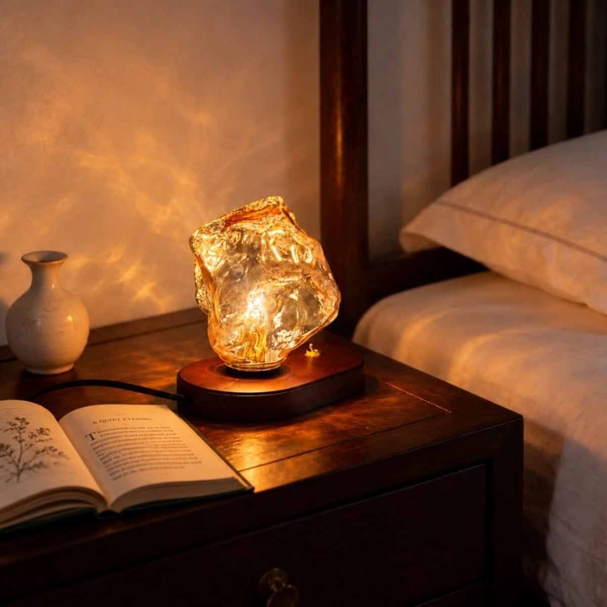 Amber Glass Table Lamp with Oak Base
