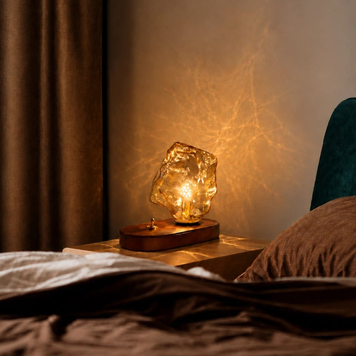 Amber Glass Table Lamp with Oak Base