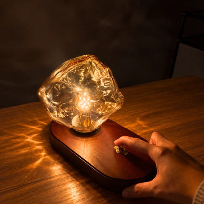 Amber Glass Table Lamp with Oak Base