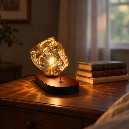 Amber Glass Table Lamp with Oak Base