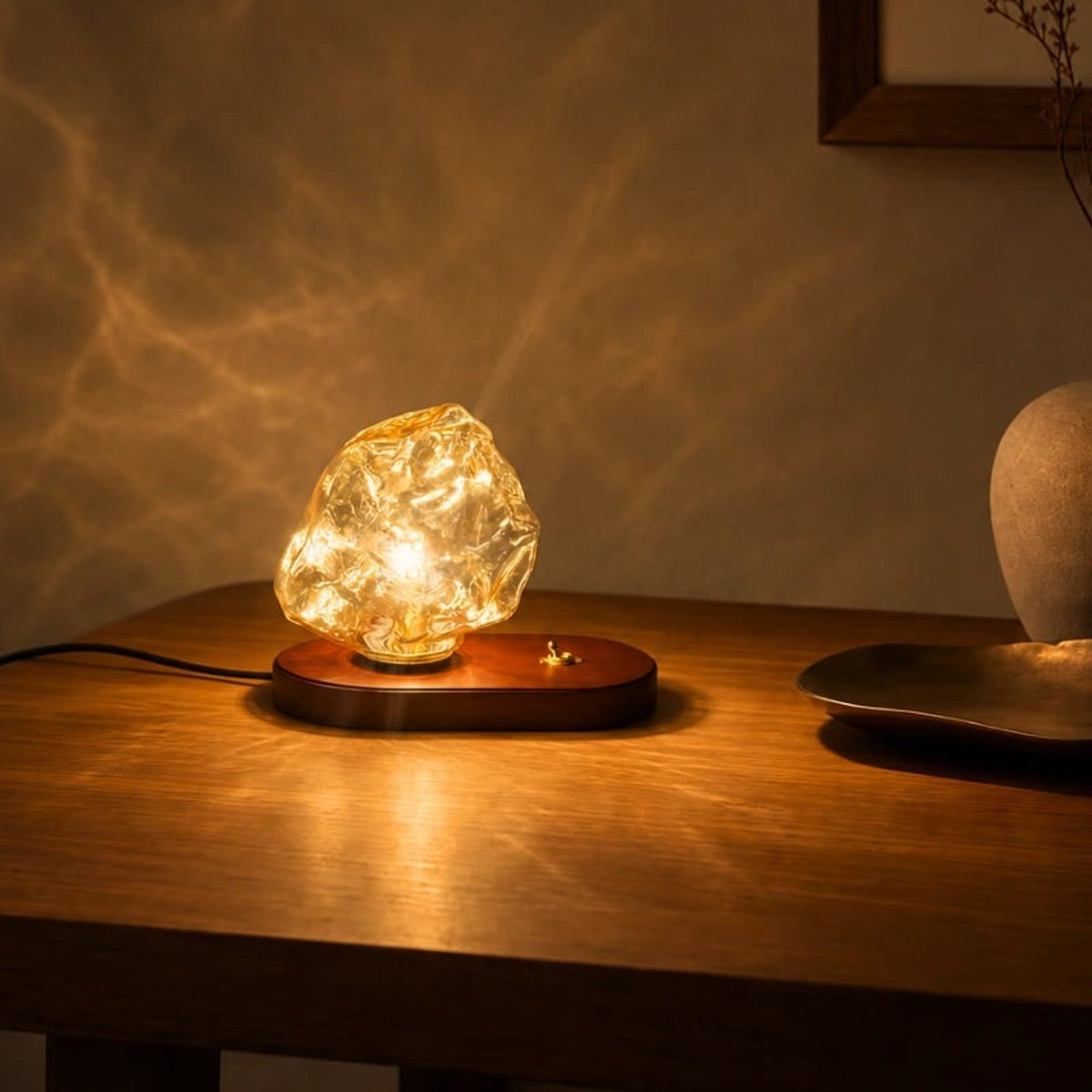 Amber Glass Table Lamp with Oak Base