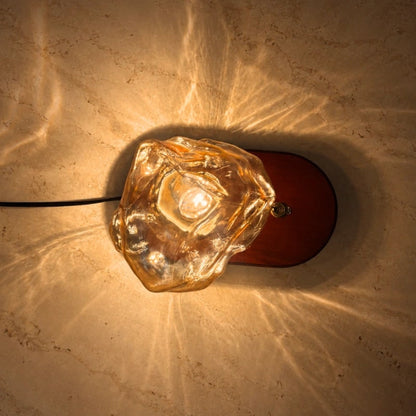 Amber Glass Table Lamp with Oak Base
