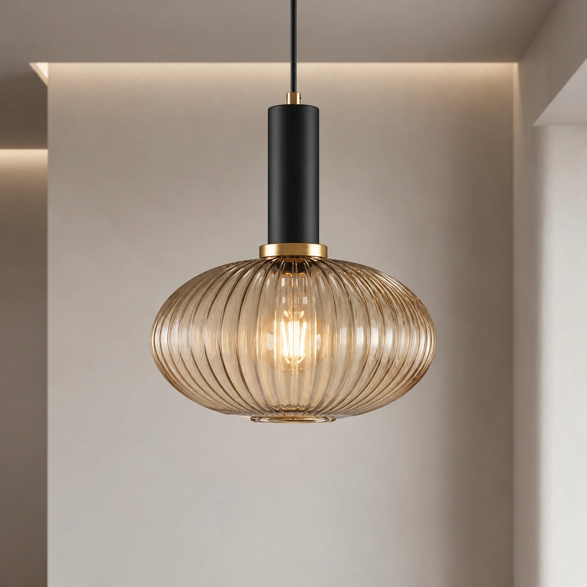 Ribbed Glass Pendant Light with Adjustable Cord
