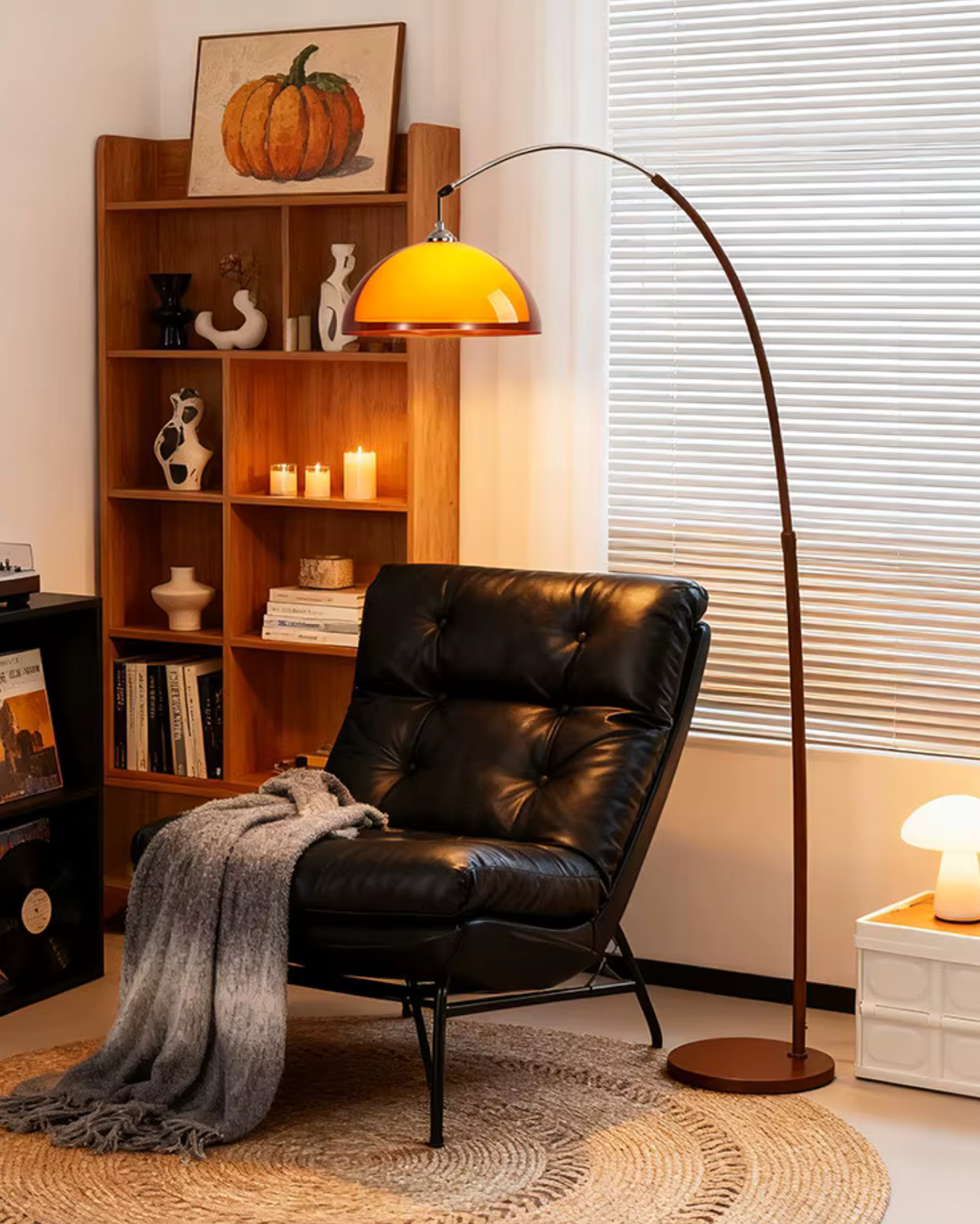 Arc floor lamp, 165 cm high with amber dome shade