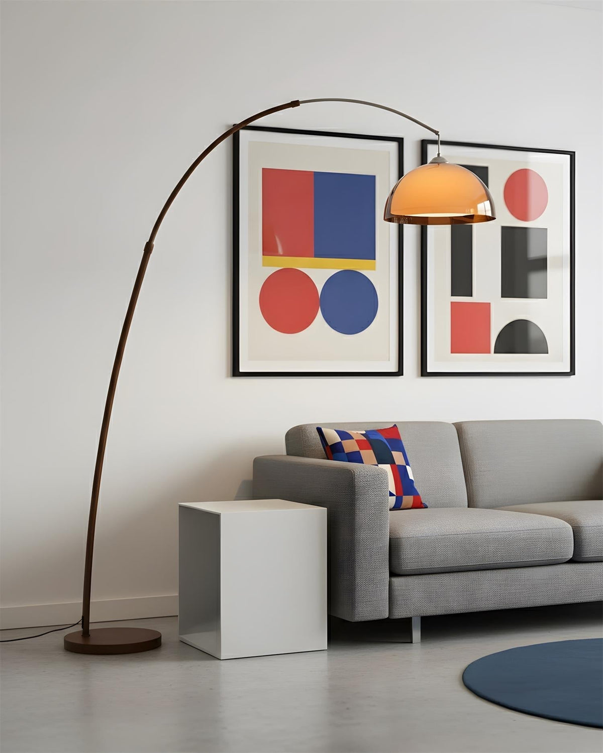 Curved arc floor lamp with amber acrylic shade