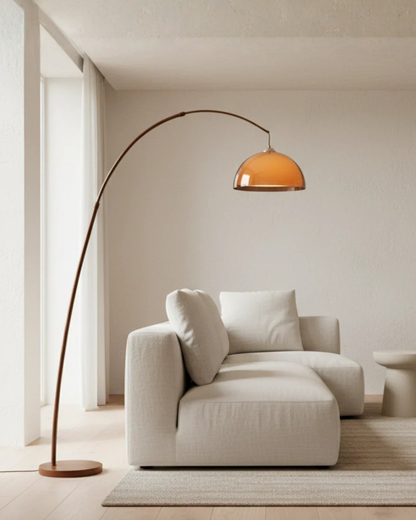 Arc floor lamp with amber dome shade