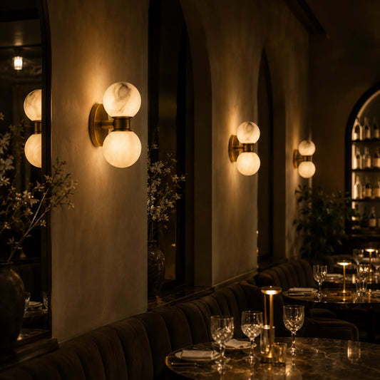 Art Deco alabaster ball wall lights with brushed brass bases casting a warm, ambient glow on the walls of a sophisticated restaurant.