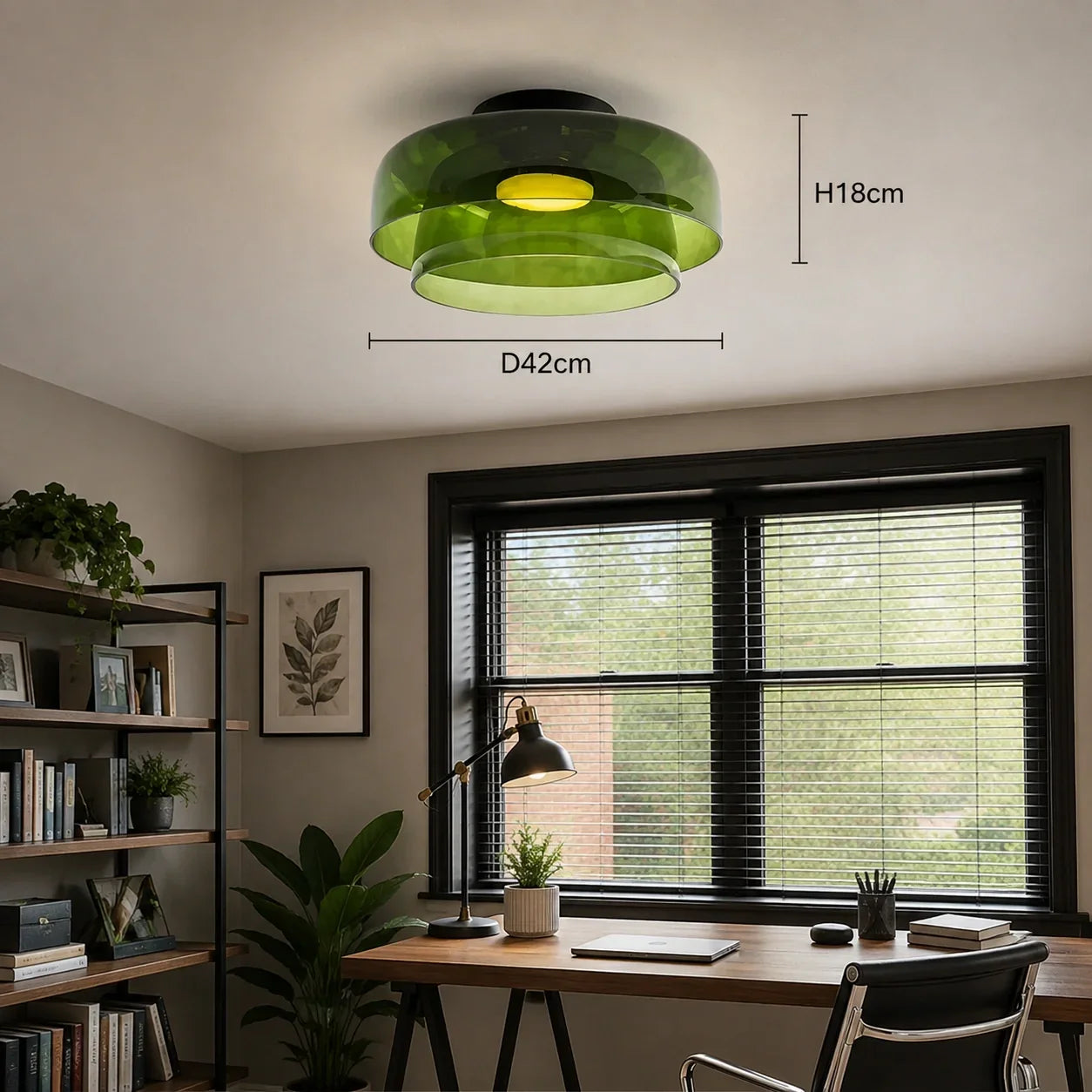 Art Deco green glass ceiling light mounted in a home office, showing dimensions of 42cm diameter and 18cm height with warm interior lighting.