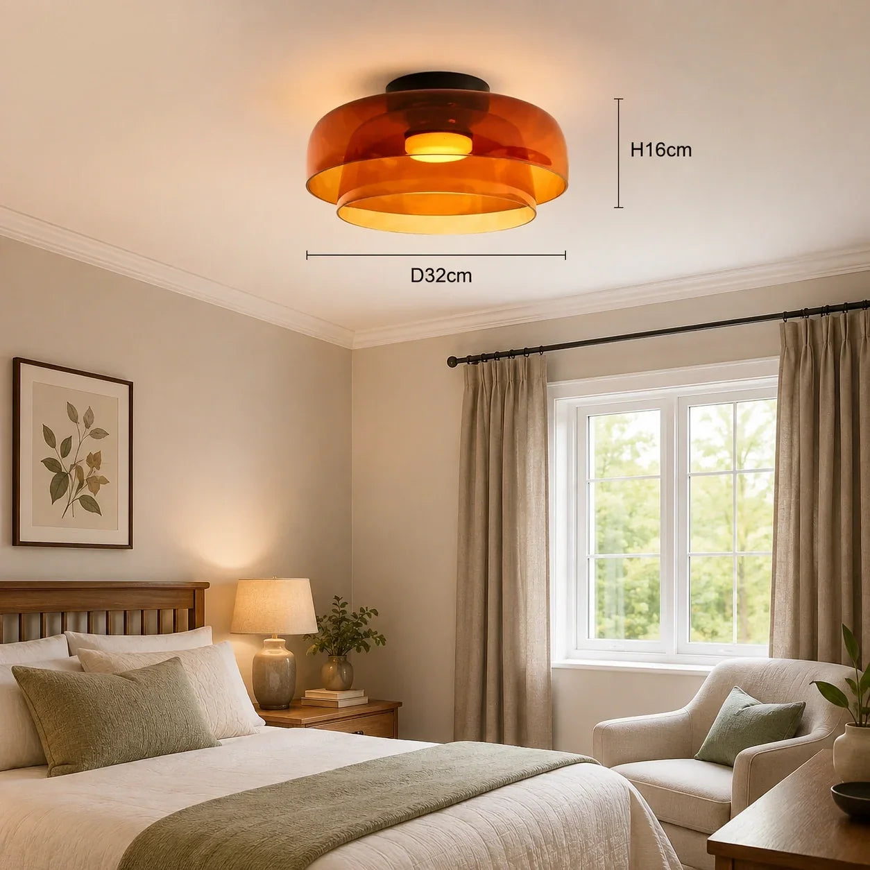 An amber Art Deco glass ceiling light with dimensions H16cm and D32cm, illuminated in a cosy, neutral-toned bedroom with a double bed.