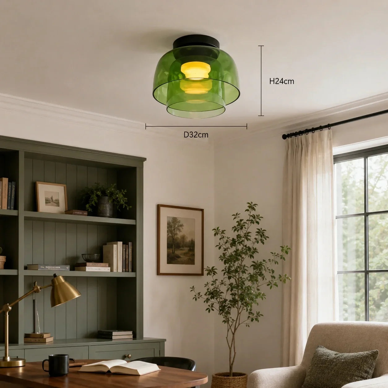 Art Deco green glass ceiling light with a warm glow, surface-mounted in a cosy living room. Dimensions shown as 32cm diameter and 24cm height.