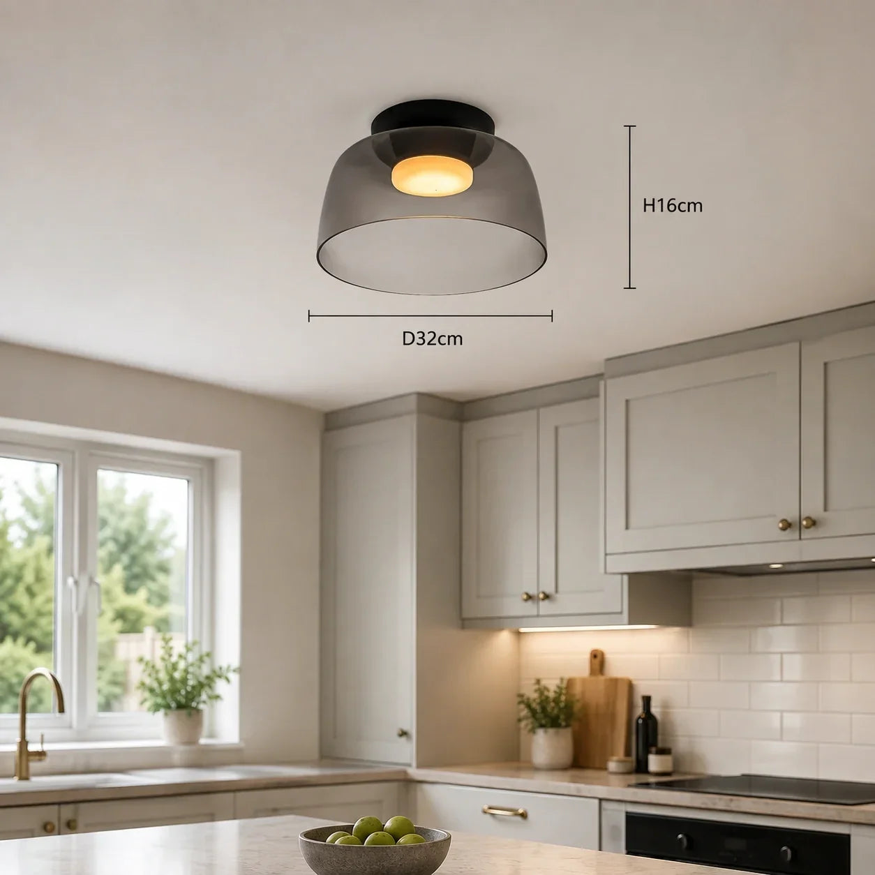 Art Deco glass ceiling light with a smoked glass shade and warm glow, mounted in a modern kitchen, showing dimensions of 32cm diameter and 16cm height.