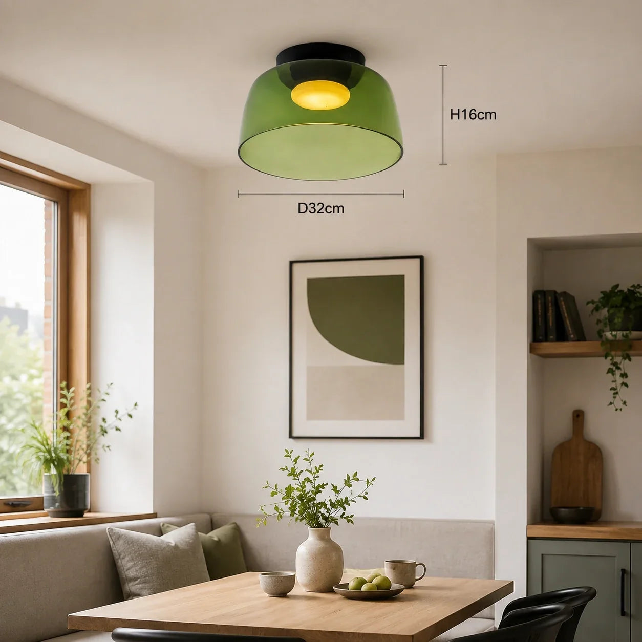 Green Art Deco glass ceiling light emitting a warm glow, shown with H16cm and D32cm dimensions in a modern dining room setting.