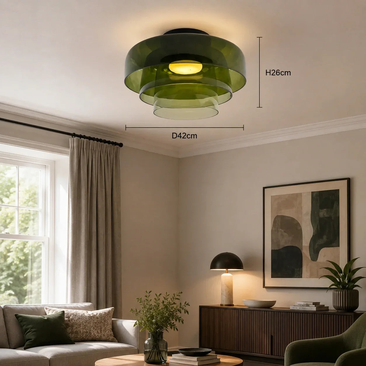 An Art Deco green tiered glass ceiling light in a modern living room, with dimensions of 26cm height and 42cm diameter indicated.
