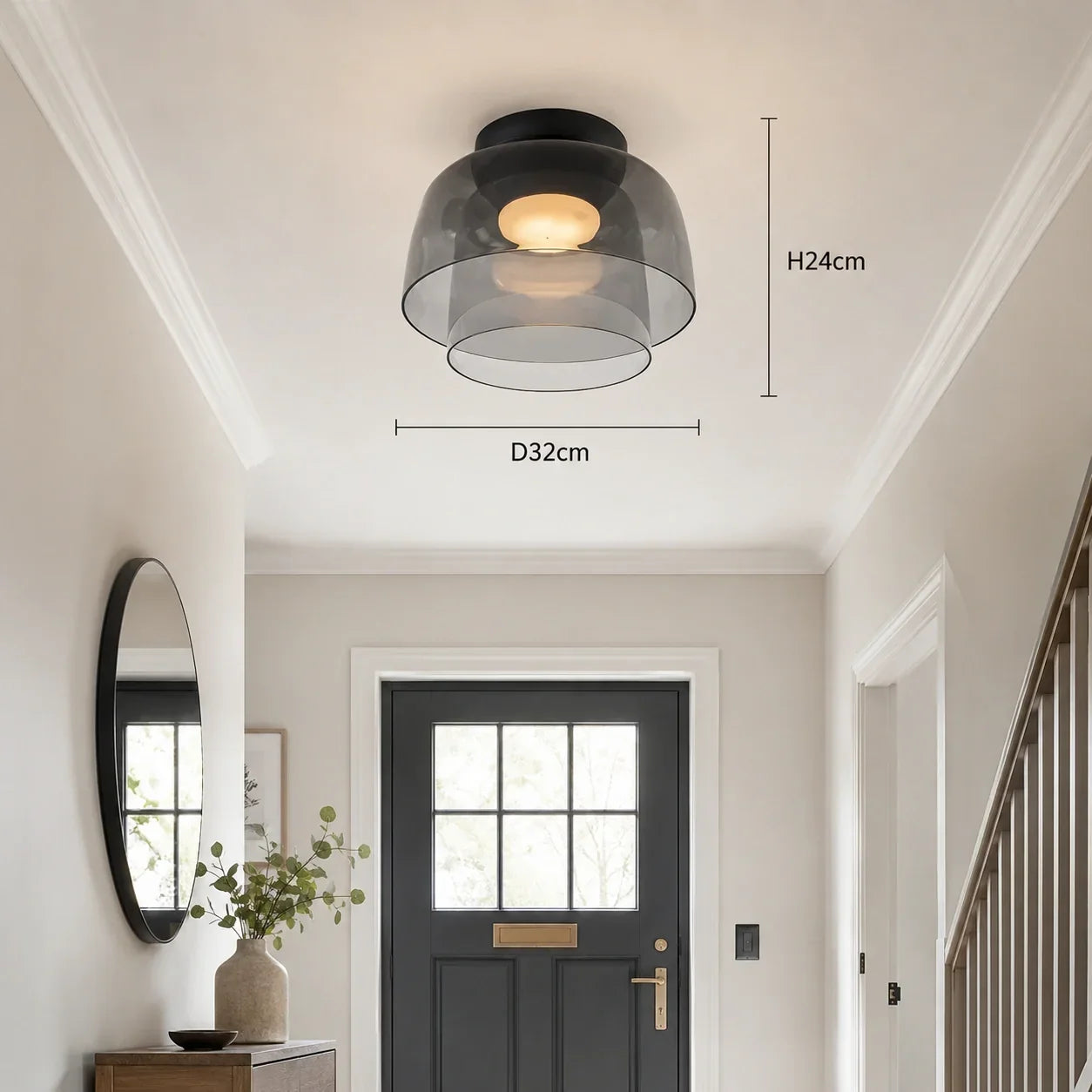 Art Deco glass ceiling light with a double-layered smoke glass shade, shown with H24cm and D32cm dimensions in a stylish home hallway.