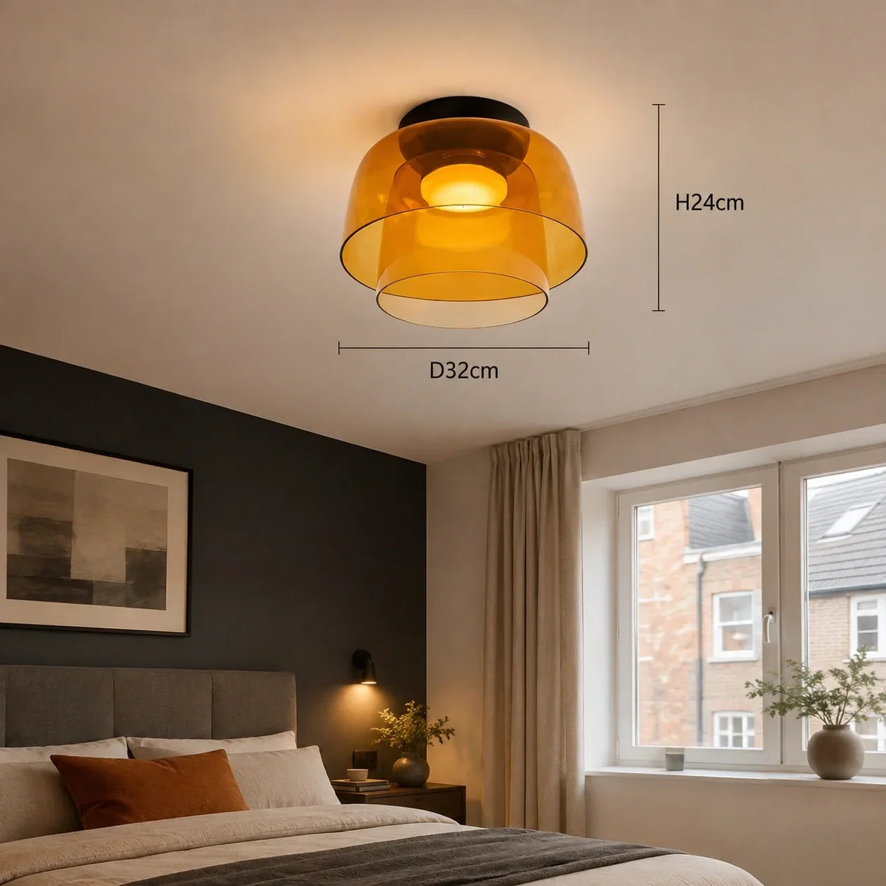 Art Deco amber glass ceiling light mounted in a bedroom, featuring dimensions of 32cm diameter and 24cm height, providing warm interior lighting.