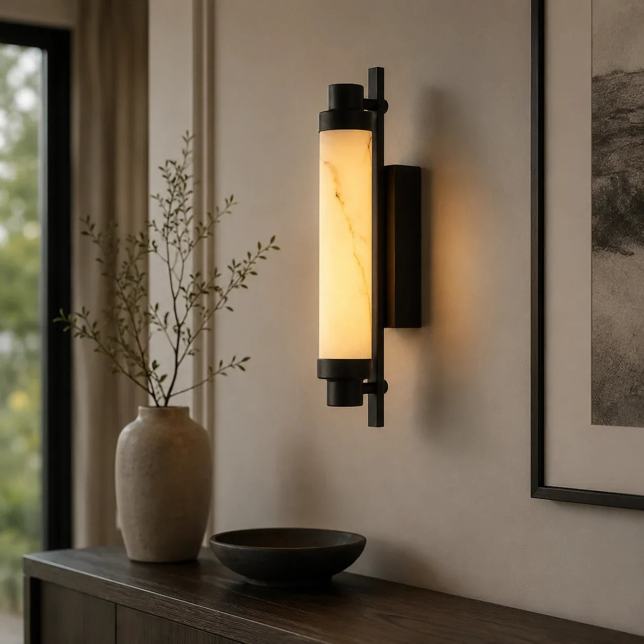 Art Deco LED wall light with a black metal frame and a glowing warm white marble-effect cylindrical shade, mounted on a neutral interior wall.