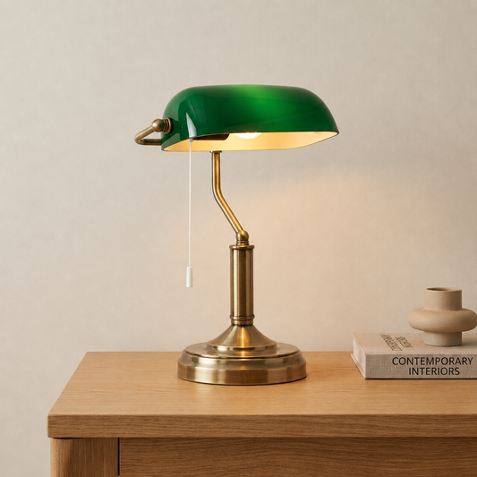 Banker's desk lamp with green glass shade and antique bronze tone base