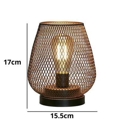 Battery operated LED table lamp with a decorative bronze mesh cage design, measuring 17cm in height and 15.5cm in width for ambient industrial decor.