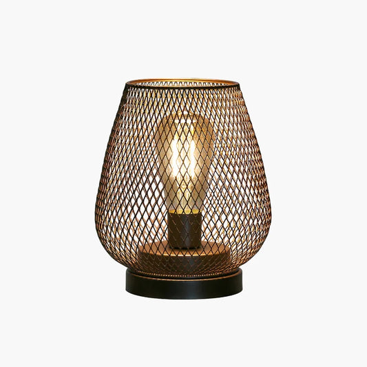 Battery-operated LED table lamp featuring a bronze-coloured wire mesh shade and a glowing filament bulb, set on a circular black base.