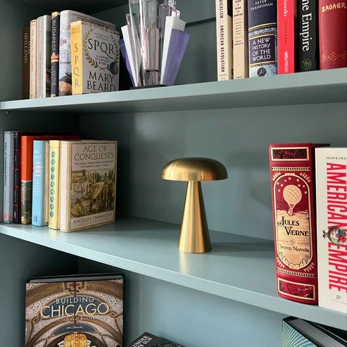 Gold battery lamp on a bookshelf