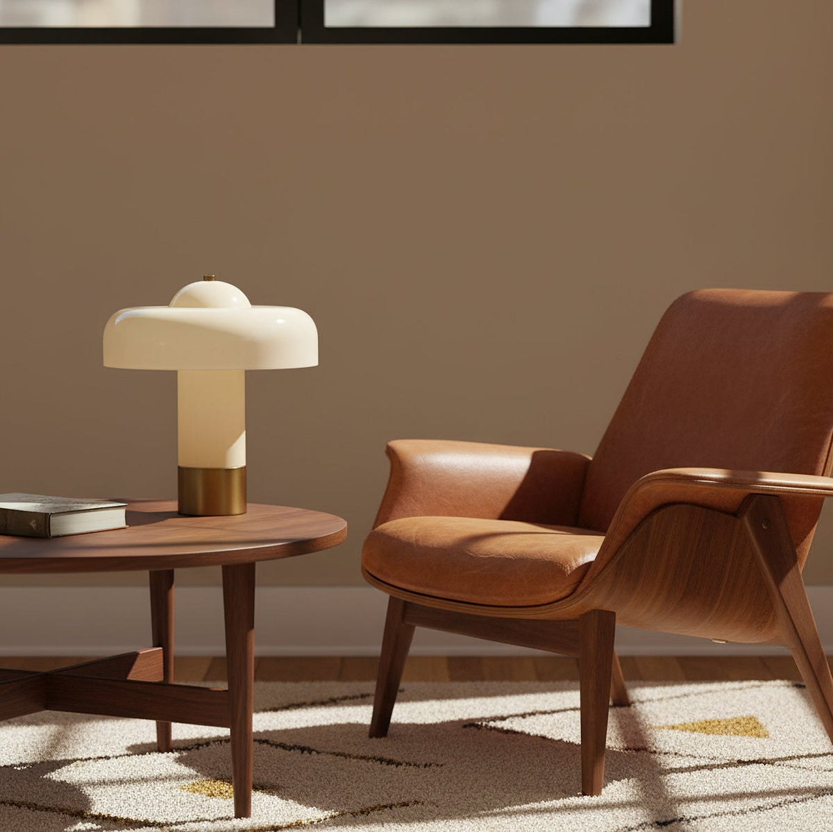 Beige glass lamp beside a leather armchair
